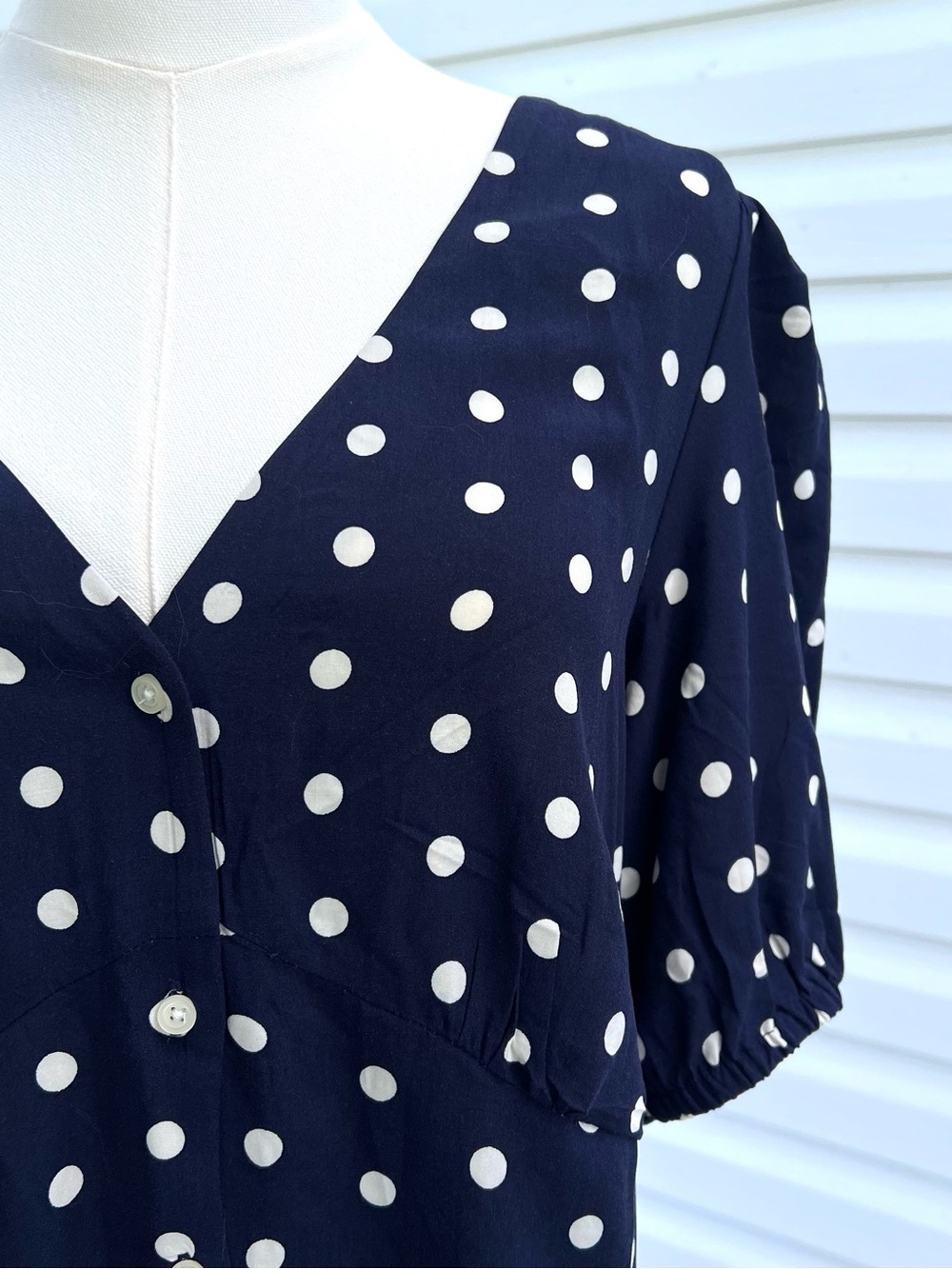NWT Women’s Large Navy Polka Dot Button Front Dress Puff Sleeve - Picture 2 of 7